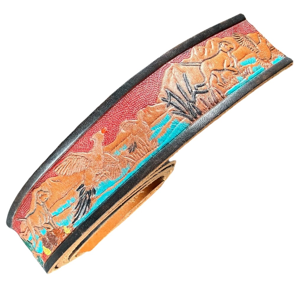 Tooled Leather Hunting Scene Belt Strap Mens Brown Pheasant GSP Pointer Vintage